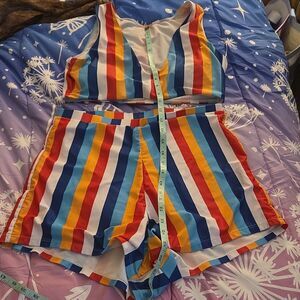 SHEIN XL Multicolor Striped Crop Top & Shorts Set Sleeveless V Neck Bathing Suit